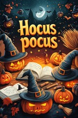 Enchanted halloween night scene with pumpkins, witch hats, and spooky moonlit sky with text Hocus Pocus