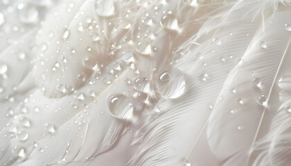Fototapeta premium Fluffy white feathers with water drops as background, closeup