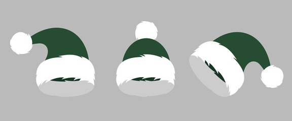 Set of Santa Claus green hats. Christmas vector elements for design.