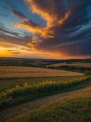 Dramatic sunset sky with hues of blue, orange, and yellow over the countryside.