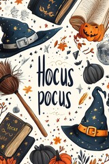 Hocus Pocus lettering. Magical halloween scene with witch hats, pumpkins, and autumn leaves
