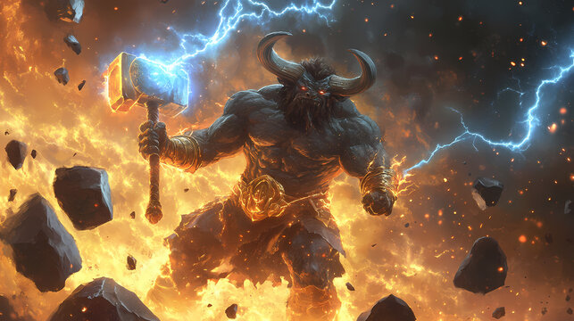 Epic fantasy illustration of a powerful minotaur warrior wielding a lightning hammer, surrounded by floating rocks and glowing energy. Minotaur. Illustration