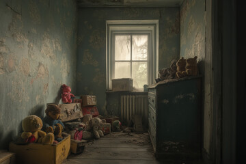 A room full of dust covered forgotten toys evokes sense of nostalgia and loss. faded walls and scattered plush animals tell story of abandonment and time passing