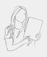 A minimalist line art illustration of a woman holding a piece of paper, symbolizing creativity, art, or work in progress.