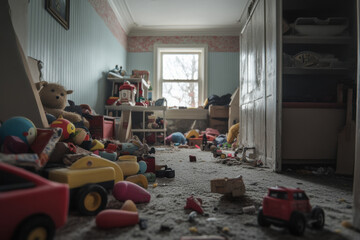 A room full of dust covered forgotten toys evokes sense of nostalgia and loss. scattered toys and clutter tell story of childhood memories left behind