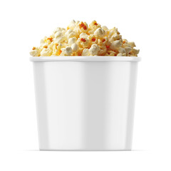 Cheese popcorn tub mockup, paper bucket packaging for popcorn on isolated white background, 3d illustration