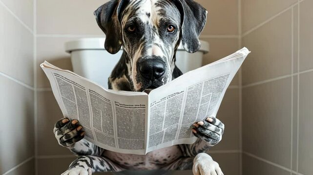 Funny Dalmatian dog sitting on toilet, reading newspaper with coffee mug. Humorous pet portrait in bathroom. Anthropomorphic canine imitating human morning routine