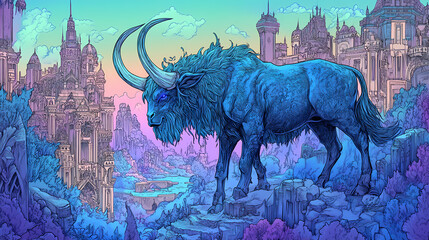 Fantasy landscape coloring book pages featuring mystical creatures and architecture with vibrant blues and purples conveying a sense of whimsy and wonder. Minotaur. Illustration