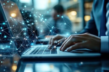 Hands Typing on Laptop with Abstract Network Overlay