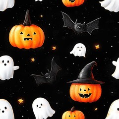 Spooky seamless halloween pattern: pumpkins, ghosts, bats, and stars on black background