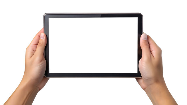 Two hands holding a tablet on a transparent background with a blank screen. The tablet is centered in the frame, highlighted as the focus for displaying potential content,with copy space.AI generated.