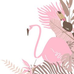 Pink botanical border png, aesthetic tropical leaves and bird graphic element on transparent background