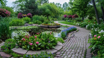 Serene garden path winding through lush greenery and a tranquil pond with blooming flowers.