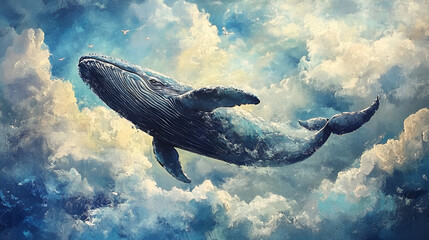 Fototapeta premium Artistic Style Painting of A Whale Swimming in the Sky Whale Flying in the Sky Aspect 16:9