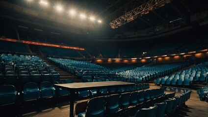 Empty basketball arena with flashlights and seats.