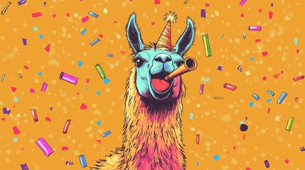 A whimsical llama celebrating with a party hat and confetti, perfect for festive designs and cheerful themes.