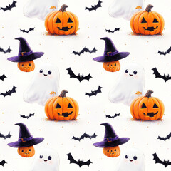 Halloween pattern with pumpkins, ghosts, witch hats, and bats on white background