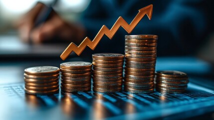 Stacks of Coins with Upward Arrows Indicating Economic Growth