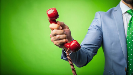 A man in suit holds red telephone receiver against vibrant green background, conveying sense of urgency and communication