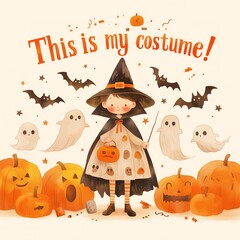 Cute witch child surrounded by pumpkins, ghosts, and bats in charming halloween artwork with text This is my costume