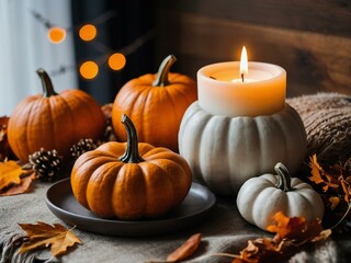 Fall decorations with pumpkins, candles, and autumn leaves in a cozy setup.