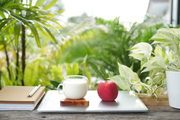 milk and apple on a folded laptop and notebook outdoor relaxing working