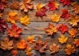 Vibrant orange, crimson, and golden maple leaves scatter across a rustic wooden background, forming a stunning pattern