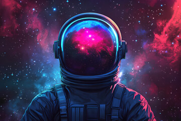 An astronaut with a cosmic helmet gazes into a vibrant galaxy filled with stars and colors.