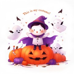 Adorable child in witch costume celebrating halloween with pumpkins and ghosts with lettering This is my costume