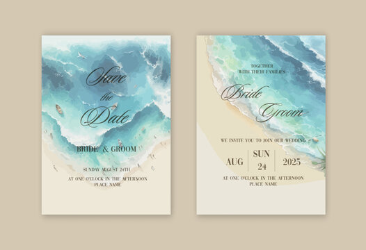 Set of wedding invitation with summer beach hand drawn watercolor background.