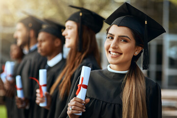 Portrait, smile and woman with diploma for graduation celebration, education achievement and...