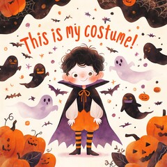 Lettering This is my costume. Adorable child in halloween costume surrounded by ghosts and pumpkins