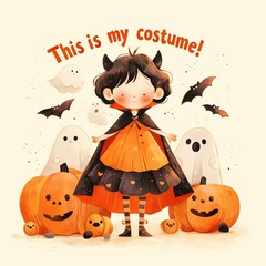 Adorable halloween costume with pumpkins and ghosts for kids with lettering This is my costume