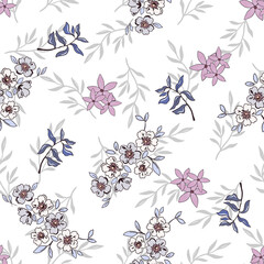 Hand drawn botanical blossom illustration outline bouquet blooming seamless pattern f