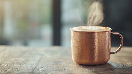 Cappuccino served in a rustic copper mug, steam rising in a warm, sunlit environment, plenty of space for branding message on the side