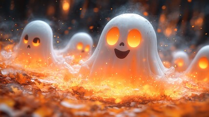 Cheerful glowing ghosts in autumn leaves: whimsical halloween spirits