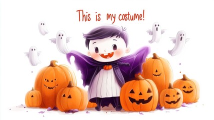 Adorable vampire child in costume with pumpkins and ghosts with text This is my costume