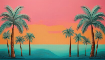 illustrations and mockup of a beach scene with palm trees and sun, pattern
