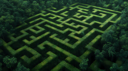 Green maze in forest jungle generative ai. Maze. Illustration