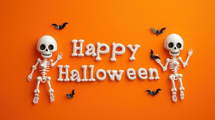 Happy halloween skeletons with bats on orange background