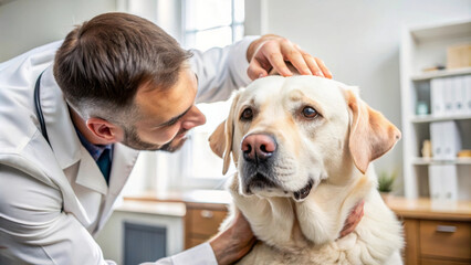 A veterinarian gently examines white Labrador dog at vet clinic, showcasing caring interaction. dogs calm demeanor reflects trust and comfort in this professional setting
