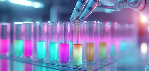 A futuristic lab scene with robotic arms filling test tubes with neon-colored liquids, bright lights reflecting off glass surfaces, a sense of advanced technology and discovery