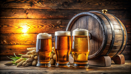 Craft beer lovers will appreciate this inviting scene featuring three glasses of beer beside wooden barrel, complemented by golden grains. warm lighting enhances rustic charm