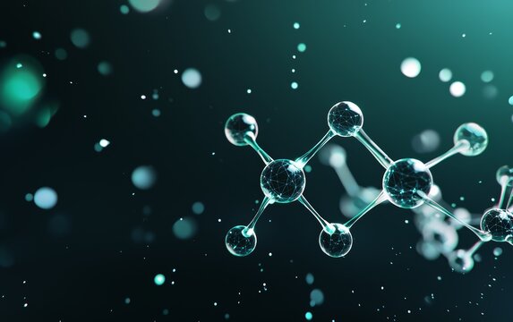 A futuristic molecular model, glowing with neon blue and green light, with a background of swirling particles, illustrating advancements in biotechnology and nanoscience