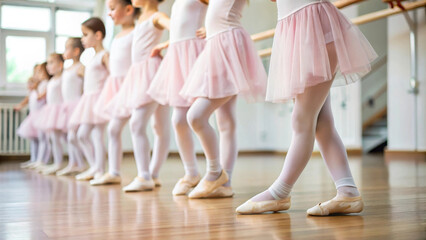 Young ballet dancers in pink tutus and tights practice in bright studio, showcasing their graceful feet and dedication to dance. atmosphere is filled with joy and focus