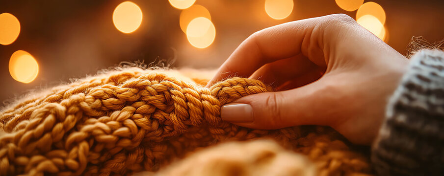 A close-up of a hand gently touching a cozy knitted blanket, creating a warm and inviting atmosphere with soft bokeh lights.