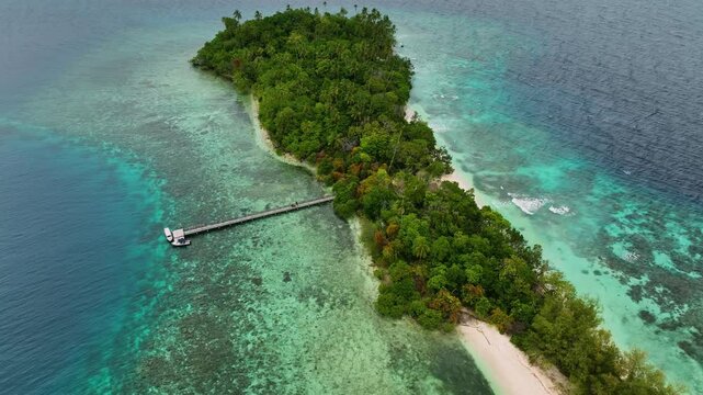 Aerial view of a tropical island with pristine beaches and turquoise ocean, Western Province, Solomon Islands.