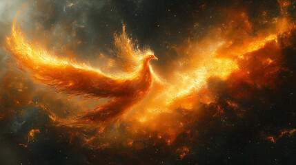 Obraz premium Detailed artwork of a phoenix emerging from an erupting volcano dramatic and intense with fiery colors and intricate details