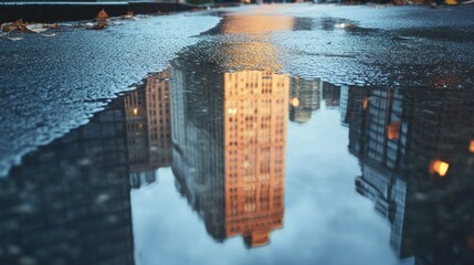 A cityscape reflection in a puddle, showcasing urban architecture and mood.