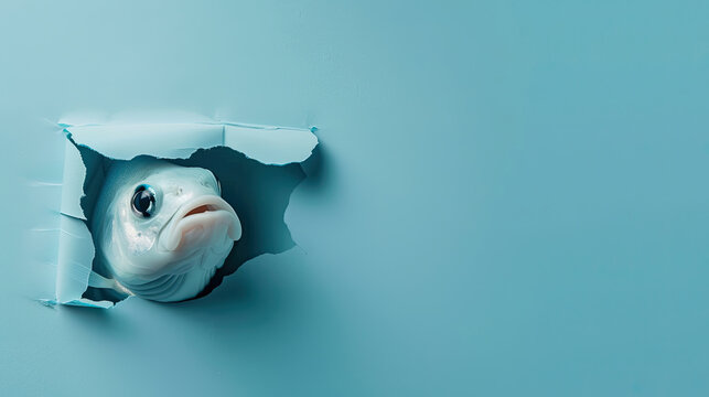 cute dinichthys peeking through a hole in a blue paper wall